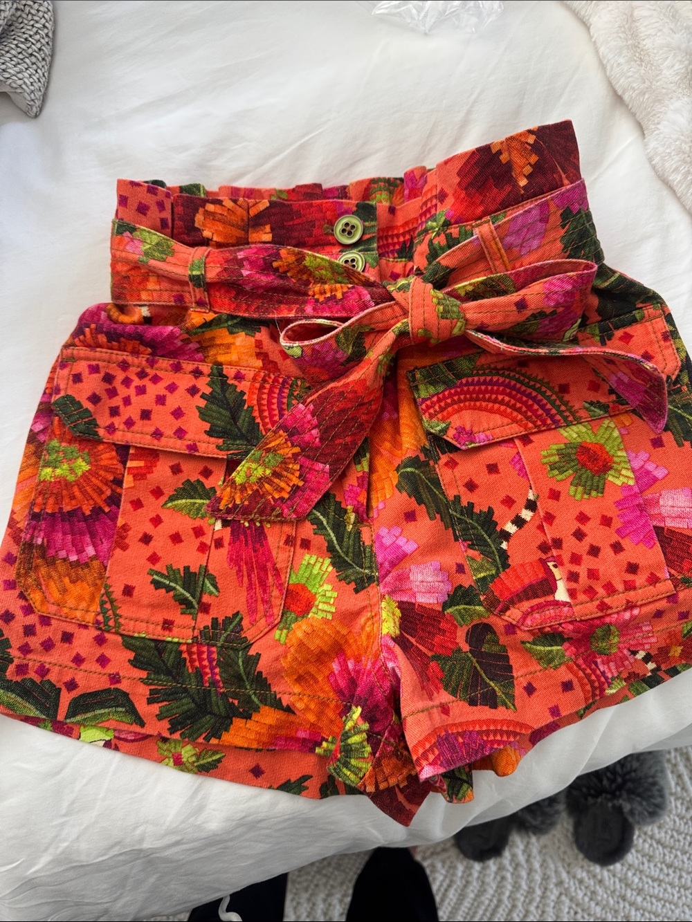Farm Rio Bloomibg Garden High-Waist Floral Tie-Belt Shorts in Orange and Pink